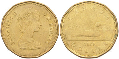 Канада 1 доллар 1989 утка, Елизавета II KM 157 никель плакированный алюминиевой бронзой 63-625