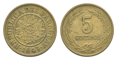 Парагвай 5 сентимо 1947 KM 21 алюминиевая бронза 4643-469