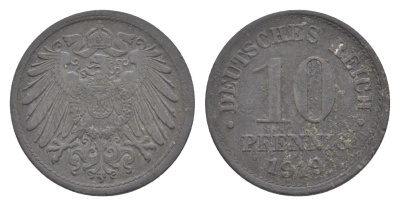 Германия 10 пфеннигов 1919 KM 26, J. 299 цинк 4640-342