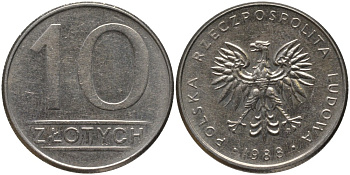 Польша 10 злотых 1988 MW KM 152.1 медно-никель 186-1237