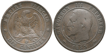 ФРАНЦИЯ 10 САНТИМОВ 1853 D, НАПОЛЕОН III (1852-1870) KM 771.4 бронза 51-2423