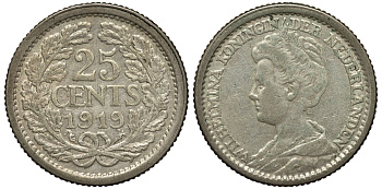 НИДЕРЛАНДЫ 25 ЦЕНТОВ 1919 ВИЛЬГЕЛЬМИНА серебро 443-722
