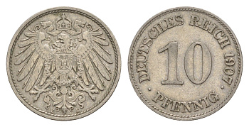 Германия 10 пфеннигов 1907 E, Вильгельм II (1888-1918) KM 12, J. 13 медно-никель 4640-312
