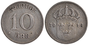 Швеция 10 эре 1918 W, Густав V (1907-1950) KM 780 серебро 4179-557