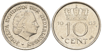 Нидерланды 10 центов 1965 Юлиана (1949-1980) KM 182 никель 220-542