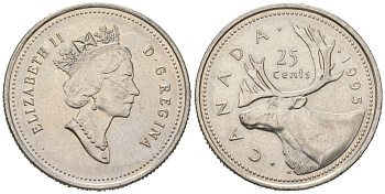 Канада 25 центов 1995 Елизавета II (1952-2022), олень KM 184 никель 4382-1236