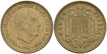 Испания 1 песета 1966 (67) Франсиско Франко (1939 - 1975) KM 796 алюминиевая бронза 4155-344