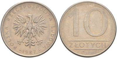 Польша 10 злотых 1987 MW KM 152.1, Parchimowicz 243d медно-никель 106-643