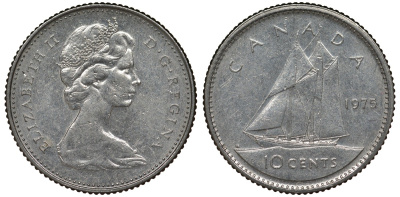 Канада 10 центов 1975 Елизавета II (1952-2022), парусник KM 77.1 никель 4124-516