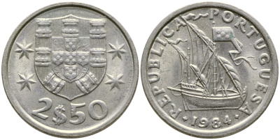 Португалия 2,5 эскудо 1984 парусник KM 590 медно-никель 4387-128