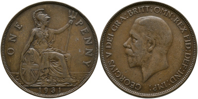 Великобритания 1 пенни 1931 Георг V (1910-1936) КМ 838, Spink 4055 бронза 59-1325