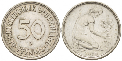 ФРГ 50 ПФЕННИГОВ 1970 D KM 109.1 медно-никель 3955-658