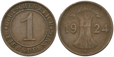 Германия 1 рейхспфенниг 1924 A KM 37, J. 313 бронза 4189-1052