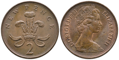 Великобритания 2 пенса 1981 Елизавета II (1952-2022) KM 916, Spink 4235 (C1) бронза 87-737