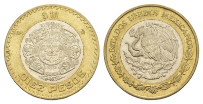 Мексика 10 песо 2014 Мо, бог Тонатиуха с огненной маской KM 616 биметалл aUNC 4637-732