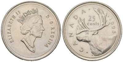 Канада 25 центов 1995 Елизавета II (1952-2022), олень KM 184 никель 4382-1236
