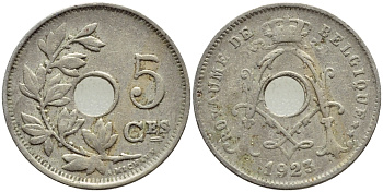 БЕЛЬГИЯ 5 САНТИМОВ 1923 BELGIQUE KM 66 медно-никель 26-551