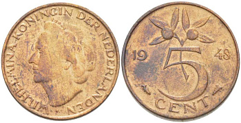 НИДЕРЛАНДЫ 5 ЦЕНТОВ 1948 ВИЛЬГЕЛЬМИНА (1890-1948) KM 176 бронза 212-1032