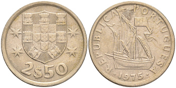 ПОРТУГАЛИЯ 2,5 ЭСКУДО 1975 ПАРУСНИК KM 590 медно-никель 75-1619
