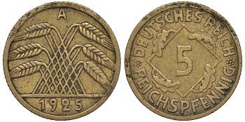 Германия 5 рейхспфеннигов 1925 A KM 39, J. 316, Weege 7 алюминиевая бронза 4602-1237