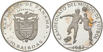 Панама 10 бальбоа 1982 чемпионат мира по футболу в Испании 1982 года, атака головой, игра в воздухе KM 78 серебро PROOF 11-281-34
