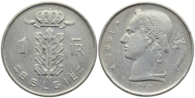 БЕЛЬГИЯ 1 ФРАНК 1951 BELGIE KM 143.1 медно-никель 4390-142