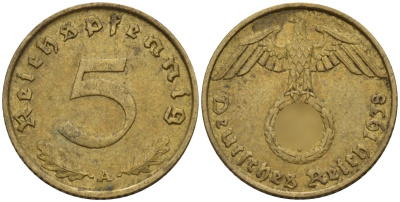 Германия 5 рейхспфеннигов 1938 A KM 91, J. 363 алюминиевая бронза 4151-813