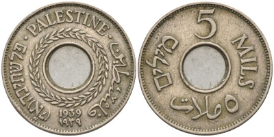 Израиль, Палестина 5 милсов 1939 британская администрация (1927-1948) KM 3 медно-никель    4154-417