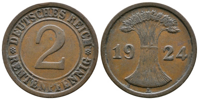 ГЕРМАНИЯ 2 РЕНТЕНПФЕННИГА 1924 A KM 31, J.307 бронза 86-937