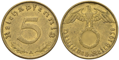 Германия 5 рейхспфеннигов 1938 A KM 91, J. 363 алюминиевая бронза 4151-811