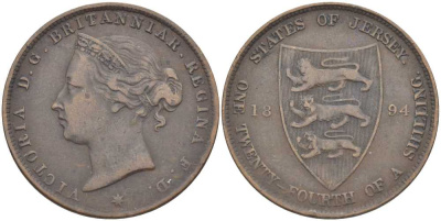 Джерси 1/24 шиллинга 1894 Виктория (1837-1901) KM 7 бронза 3996-815