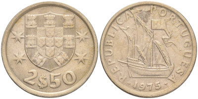ПОРТУГАЛИЯ 2,5 ЭСКУДО 1975 ПАРУСНИК KM 590 медно-никель 75-1619