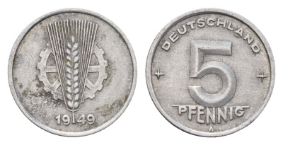 ГДР 5 пфеннигов 1949 A KM 2 алюминий 192-162