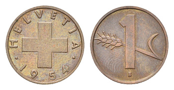 Швейцария 1 раппен 1954 B KM 46 бронза 4705-1167