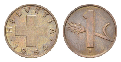 Швейцария 1 раппен 1954 B KM 46 бронза 4705-1167