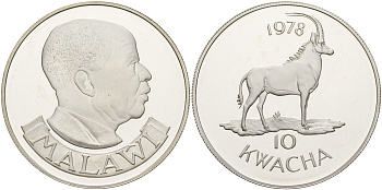 Малави 10 квача 1978 серия защита дикой природы, чёрная антилопа, тираж 3416 экз. KM 16 серебро PROOF 00-000-00
