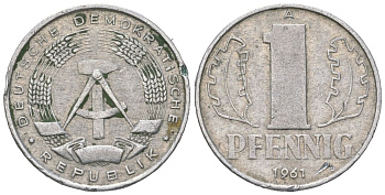 ГДР 1 пфенниг 1961 A KM 8.1 алюминий 206-817