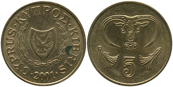 Кипр 5 центов 2001 KM 55.3 никель латунь 4158-563