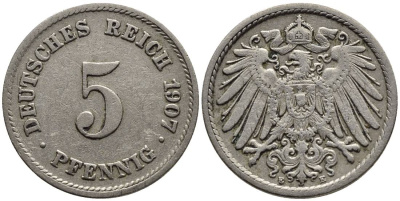ГЕРМАНИЯ 5 ПФЕННИГОВ 1907 E KM 11, Jager 12, Weege 6 медно-никель 4547-458