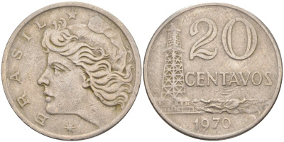 Бразилия 20 сентаво 1970 голова Свободы влево KM 579.2, Schon 84a медно-никель 219-827
