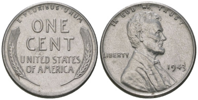 США 1 цент 1943 Авраам Линкольн KM 132 a сталь покрытая цинком aUNC 112-1154