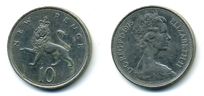 Великобритания 10 пенсов 1975 Елизавета II (1952-2022) KM 912, Spink 4231 (F1) медно-никель  4110-1414