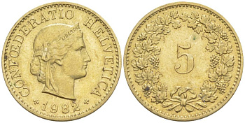 Швейцария 5 раппенов 1982 KM 26с алюминий латунь 105-558