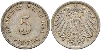 Германия 5 пфеннигов 1914 A KM 11, J. 12 медно-никель 4151-543