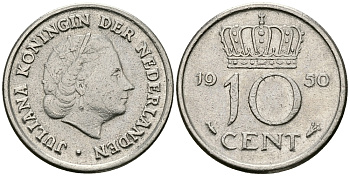 НИДЕРЛАНДЫ 10 ЦЕНТОВ 1950 ЮЛИАНА KM 182 никель 96-427
