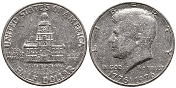 США 50 центов = 1/2 доллара 1976 200 лет независимости, Джон Кеннеди KM 205 медь плакированная медно-никелем 73-534