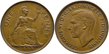 Великобритания 1 пенни 1938 Георг VI (1936-1952) KM 845, Spink 4114 бронза 08-1236