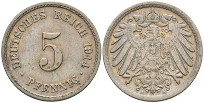 Германия 5 пфеннигов 1914 A KM 11, J. 12 медно-никель 4151-543