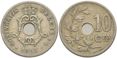 БЕЛЬГИЯ 10 САНТИМОВ 1905 BELGIE, ЛЕОПОЛЬД II (1865-1909) KM 53 медно-никель 119-331