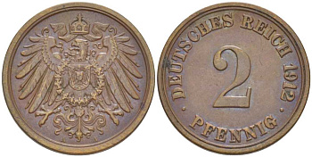 Германия 2 пфеннига 1912 A KM 16, J. 11, Weege 4 медь 206-624